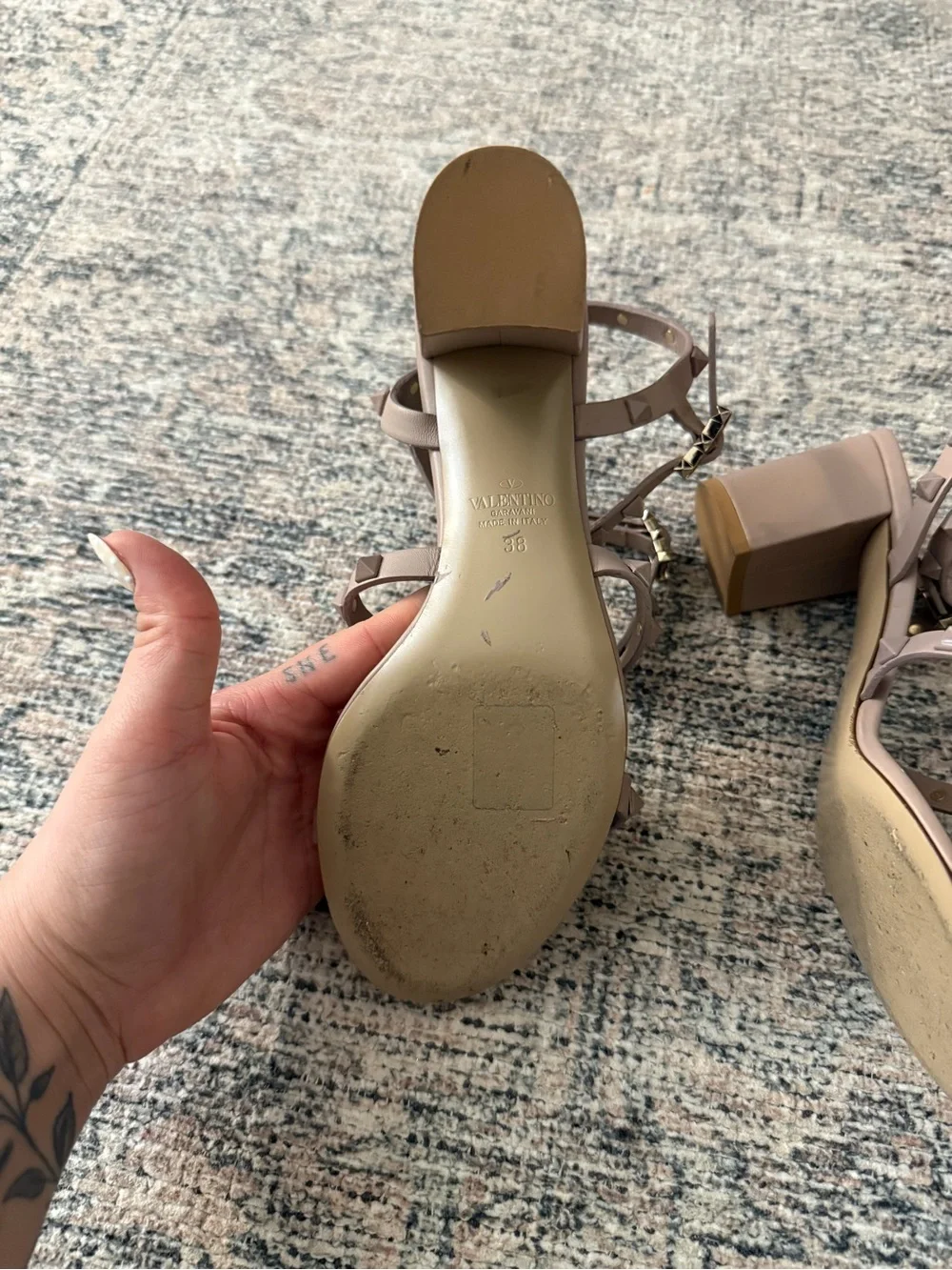 Valentino Garavani Taupe Rockstud Strappy Block Heel Sandals